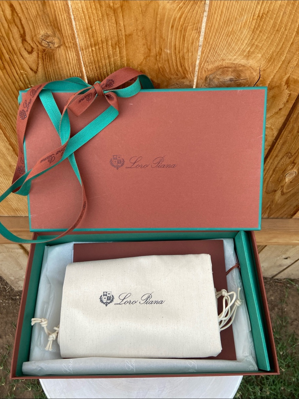 Loro Piana Shoe Box in Classic Rust w/ Turquoise Trim, 2 Dust Bags & Ribbon
